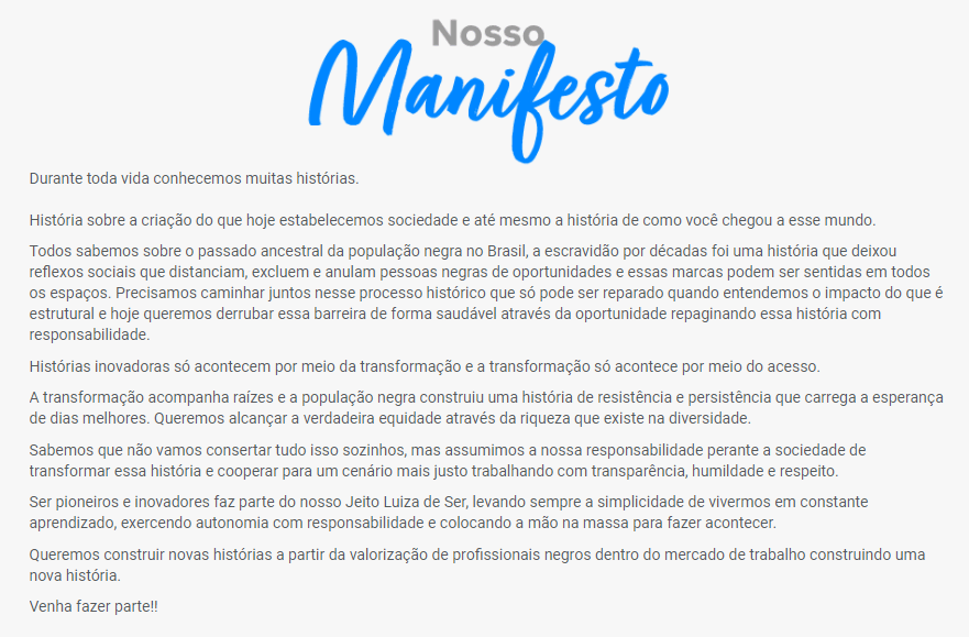 Manifesto do Magalu sobre trainee exclusivo para negros, tema relacionado à meritocracia
