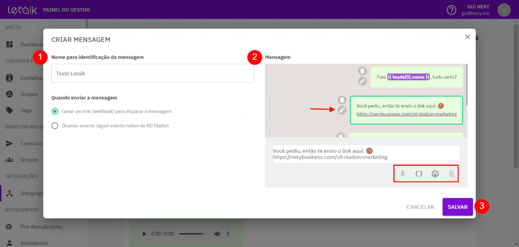 Edição de mensagem para Automatizar WhatsApp com Letalk