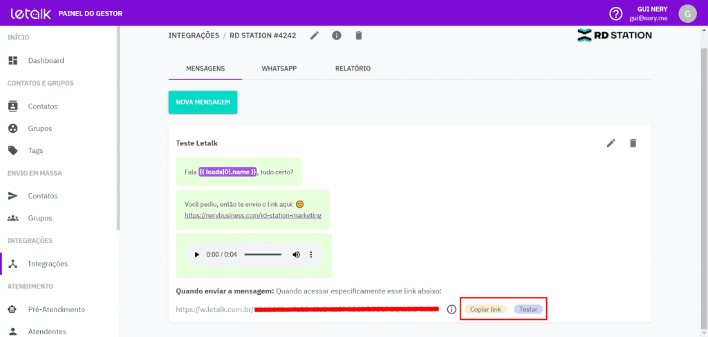 Link de Webhook para Automatizar WhatsApp com a Letalk integrada com Automação de Marketing